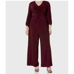 Taylor Women Wine Ruched Waist V Neck Wide Leg Jumpsuit Size 24 NWT